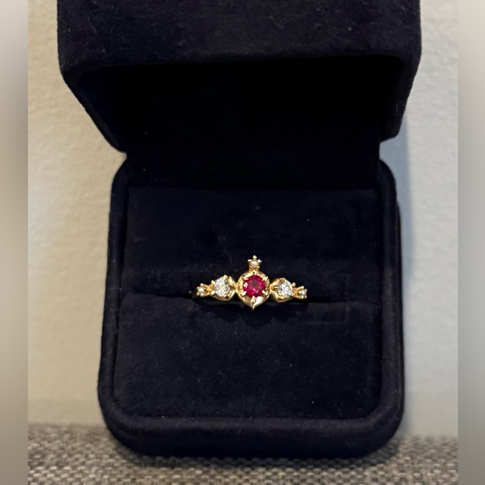 Sofia Zakia Shalimar 14K Yellow Gold Ruby Diamond Pearl Ring Sz 9.5